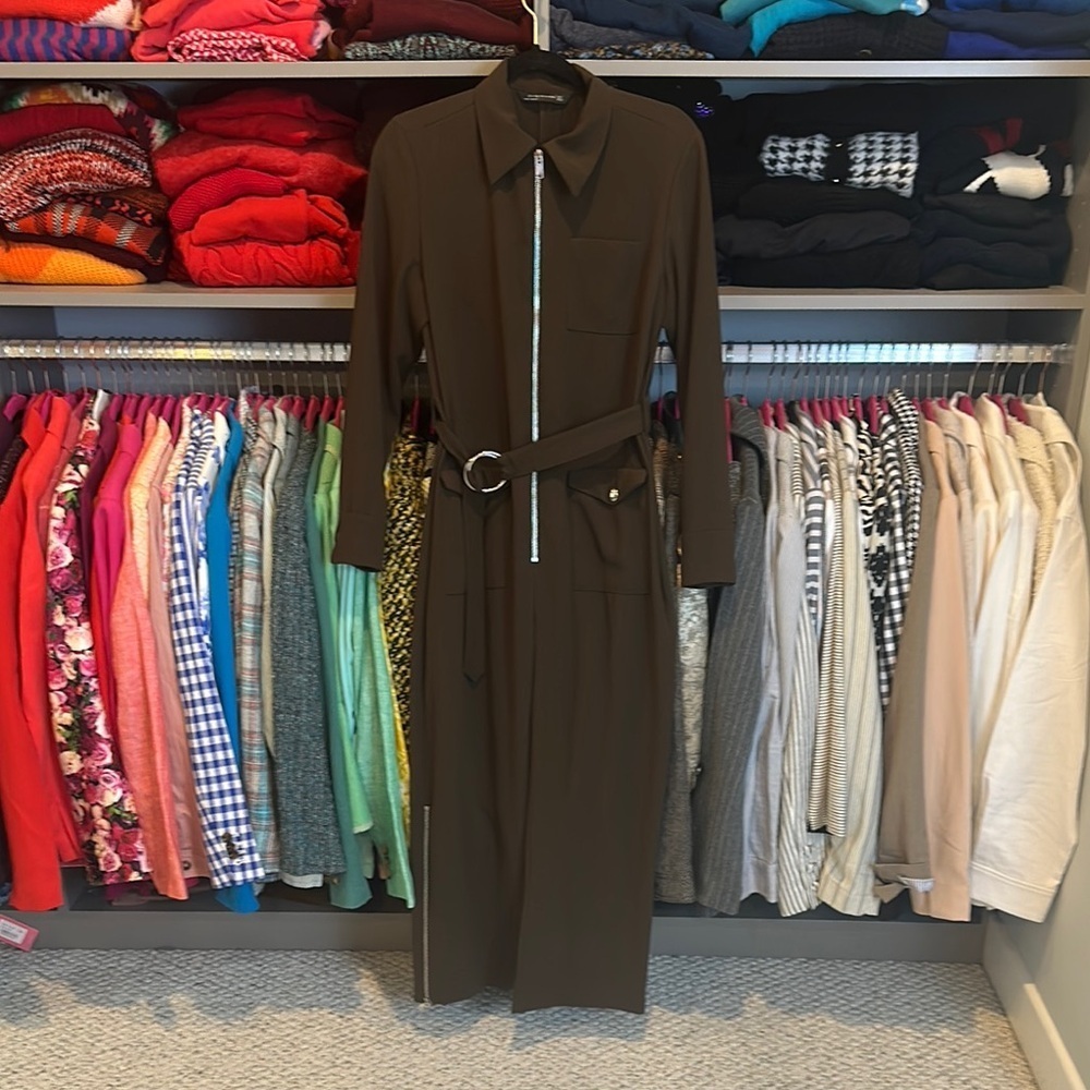 Zara brown long sleeve front zipper 2 pocket belted jumpsuit size S NWOT